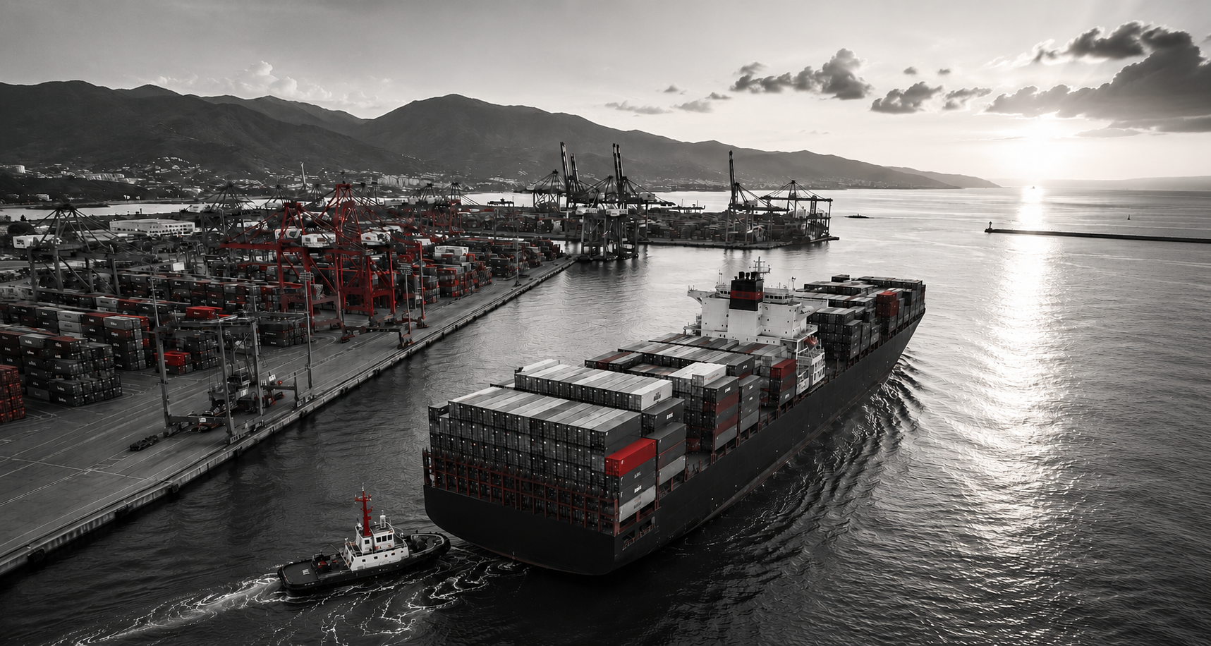 Puerto de contenedores al amanecer, operación logística internacional